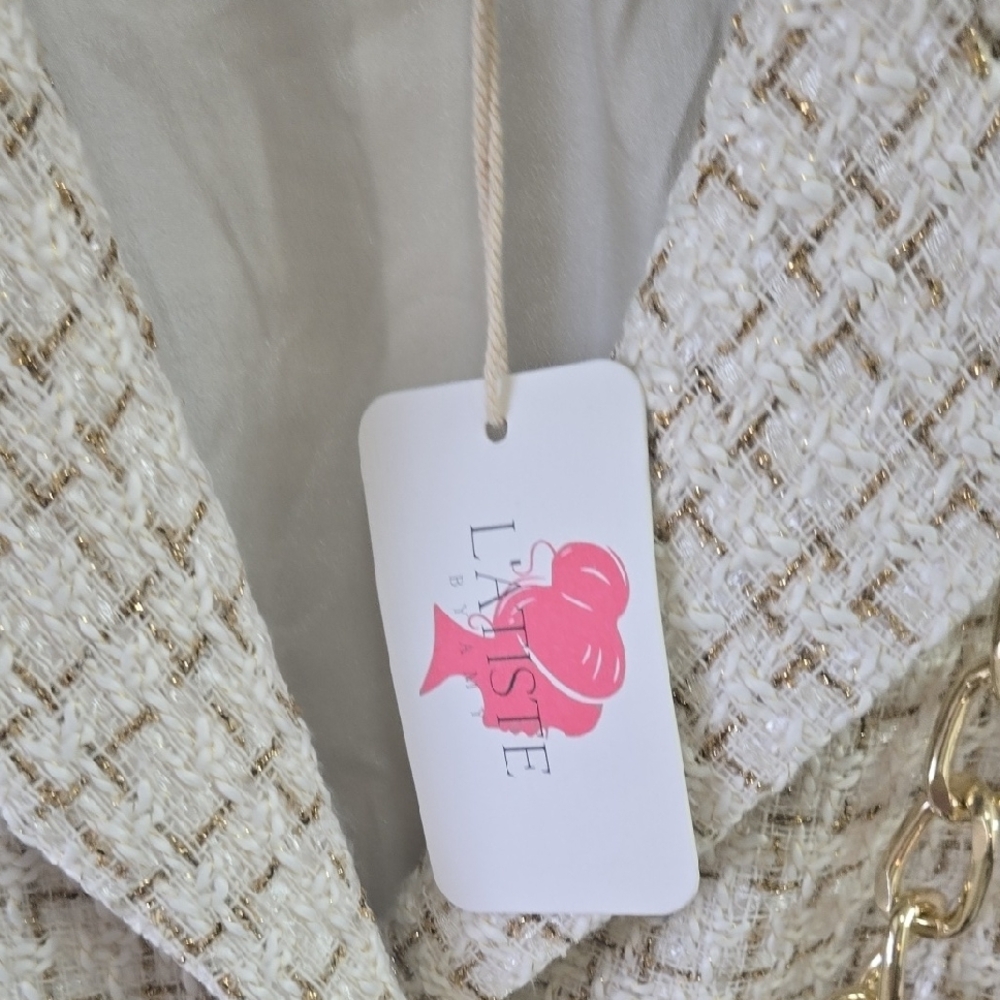 L'ATISTE White Tweed Dress with Gold Accents - Picture 3 of 10